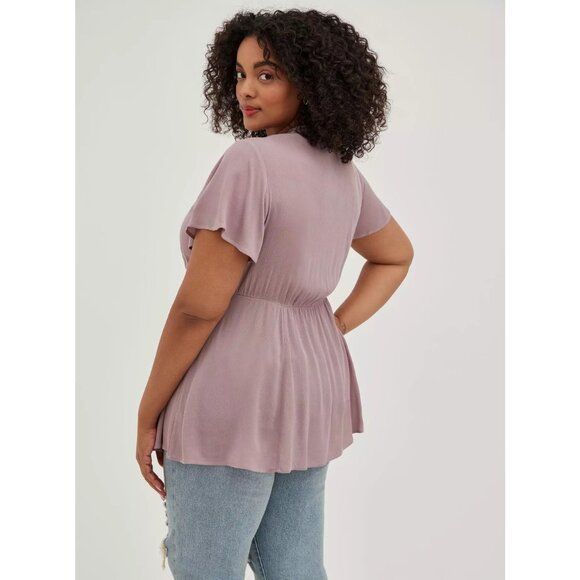 Torrid Babydoll Crinkle Gauze Crochet Inset Lace-Up Top Elderberry Plus Size 1X - Picture 4 of 7